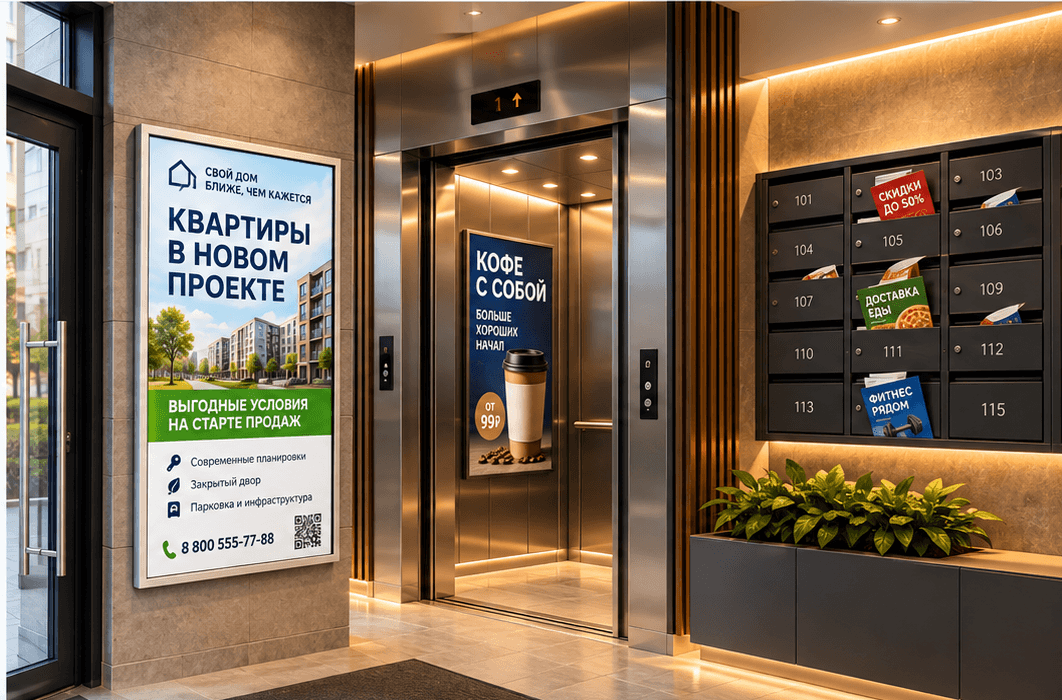 Рекламные поверхности в подъезде: рамка, лифт и почтовые ящики